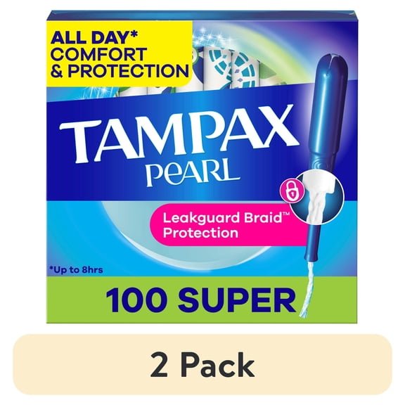 (2 pack) Tampax Pearl Tampons with LeakGuard Braid, Super Absorbency, 100 Count