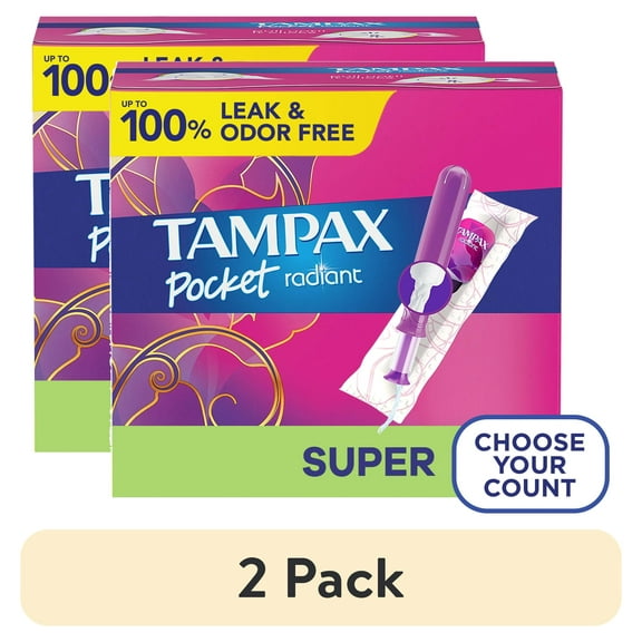 (2 pack) Tampax Pocket Radiant Compact Plastic Tampons, With LeakGuard Braid, Super Absorbency, Unscented, 14 Count