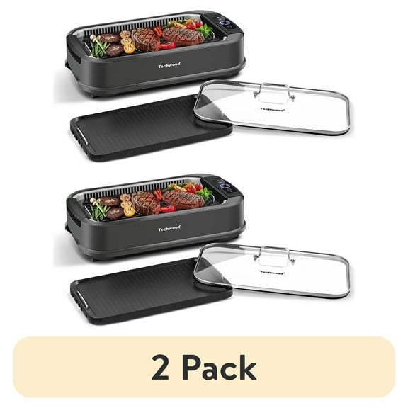 (2 pack) Techwood 1500W Smokeless Indoor BBQ Grill - Nonstick Grill & Griddle Plates, 6-Level Heat Control, Glass Lid