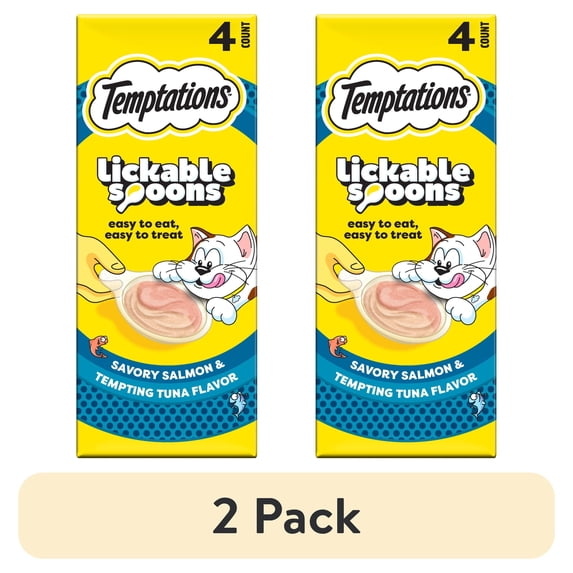 (2 pack) Temptations Lickable Spoons Wet Cat Treat, Savory Salmon & Tempting Tuna, 10 Grams, Pack of 4