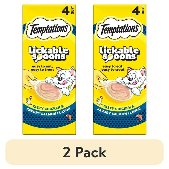 (2 pack) Temptations Lickable Spoons Wet Cat Treat, Tasty Chicken And Savory Salmon, 10 Grams, Pack Of 4