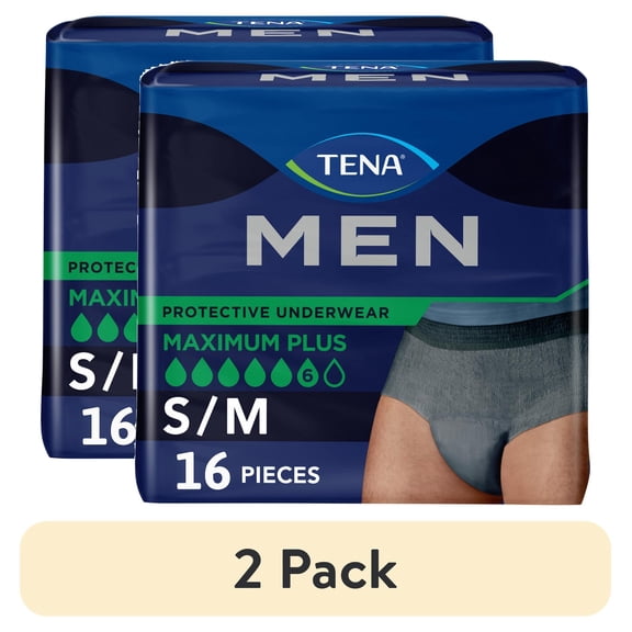 (2 pack) TENA Men Protective Underwear Maximum Plus, S/M, 16 count (Waist size 34in-50in)
