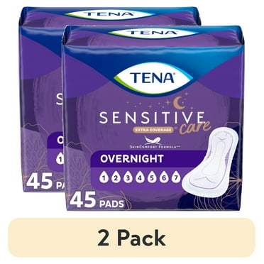 (2 pack) Tena Sensitive Care Extra Coverage Overnight Incontinence Pads for Women, 45 Count