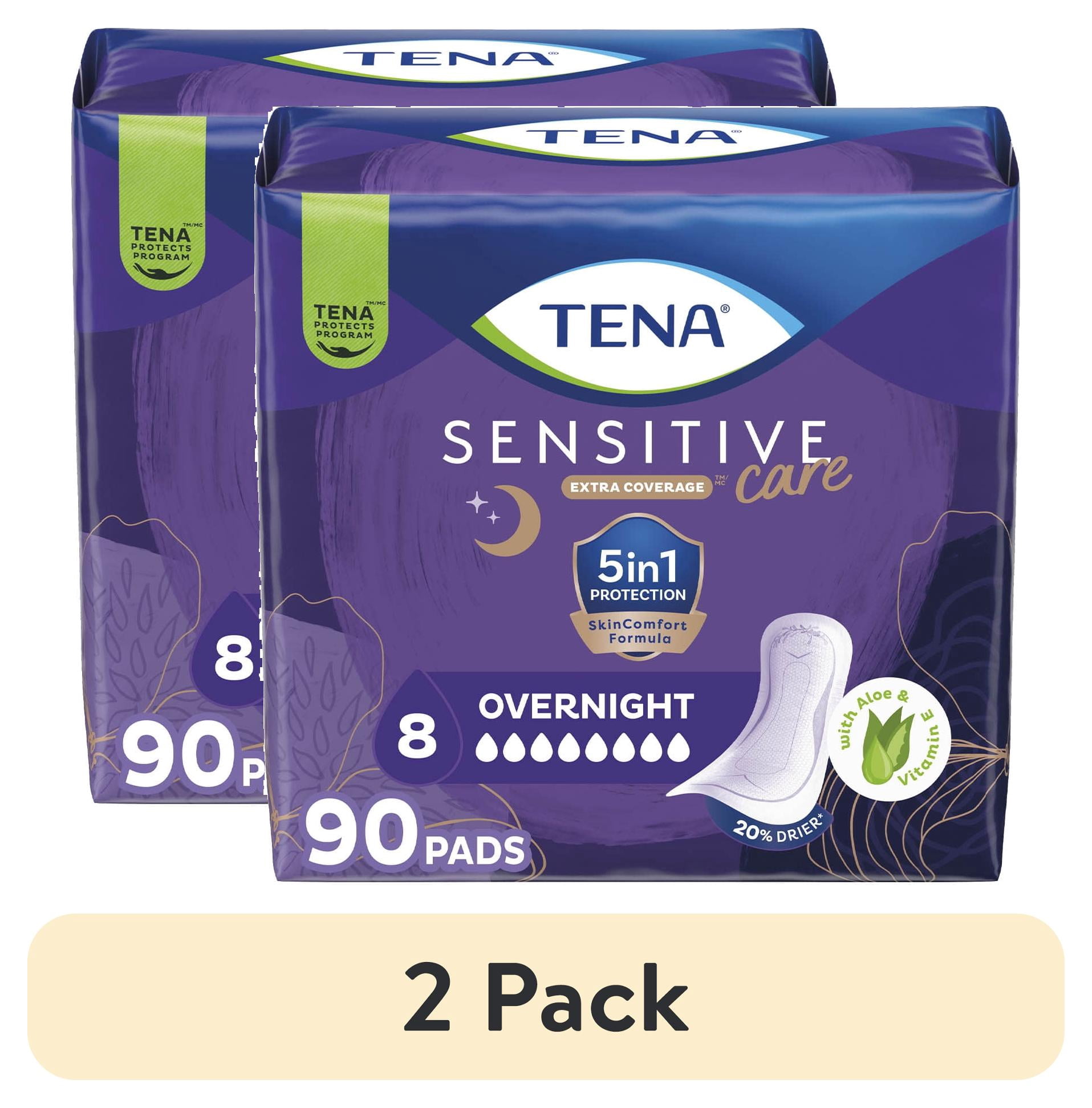 (2 pack) TENA Sensitive Care Extra Coverage Overnight Incontinence Pads, Postpartum, 90 Count