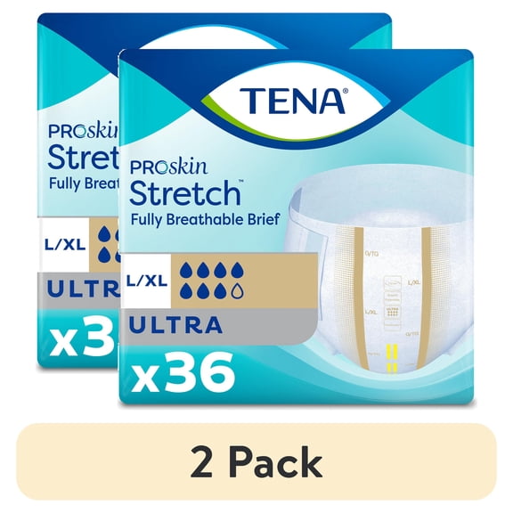 (2 pack) Tena Stretch Incontinence Brief, Fully Breathable Stretch Brief, Ultra Absorbency, L/XL, 36 count