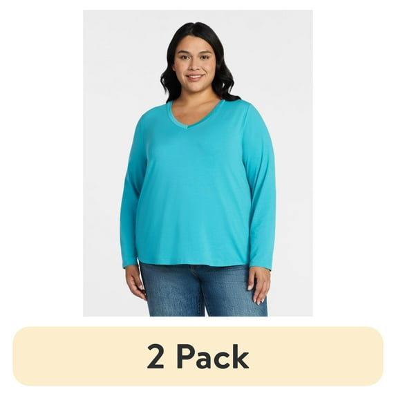 (2 pack) Terra & Sky Women's Plus Size V-Neck Tee with Long Sleeves, Sizes 0X-5X