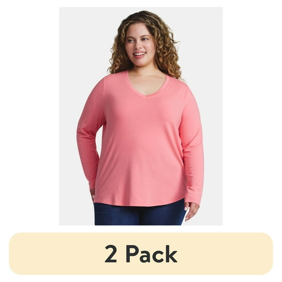 (2 pack) Terra & Sky Women's Plus Size V-Neck Tee with Long Sleeves, Sizes 0X-5X