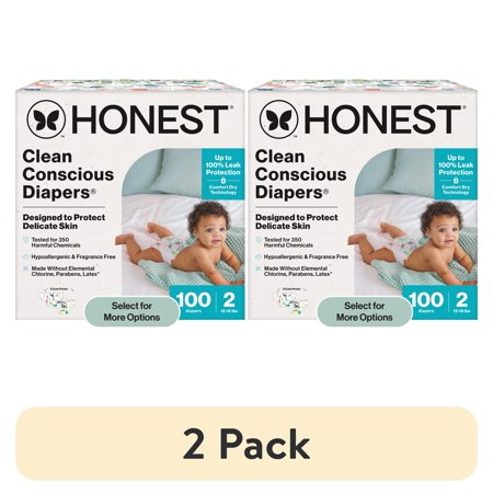 (2 pack) Honest® Clean Conscious Baby Diapers Size 2 (12-18 lbs), Hypoallergenic and Fragrance Free, 100 Count
