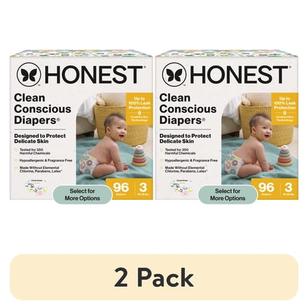 (2 pack) The Honest Company Clean Conscious Baby Diapers Size 3 (16–28 lbs) Hypoallergenic Fragrance Free 96 Count