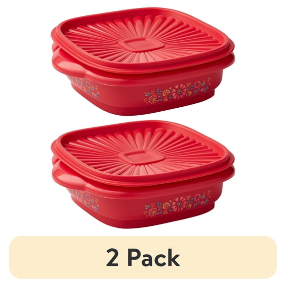 (2 pack) The Pioneer Woman 3-Cup Capacity Plastic Food Storage Container with Lid, Red/Floral