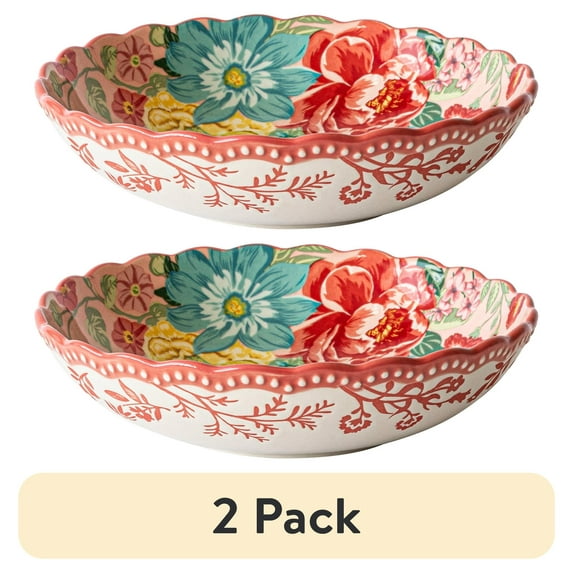 (2 pack) The Pioneer Woman Fancy Flourish Round Stoneware Pasta Bowl, Pink