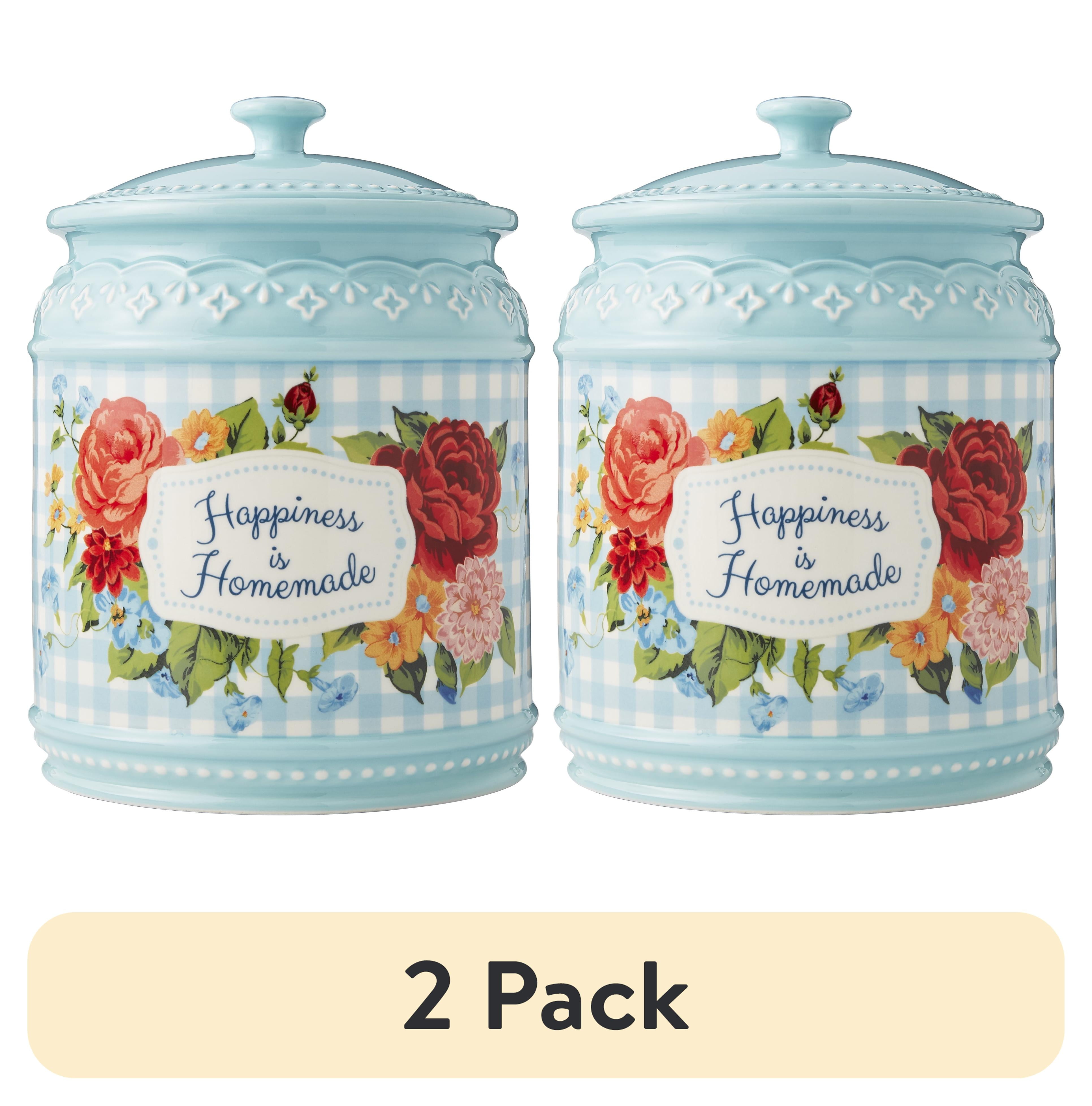 (2 pack) The Pioneer Woman Ceramic Happiness Is Homemade Stoneware Cookie Jar, Designed to Help with Countertop Treat Storage