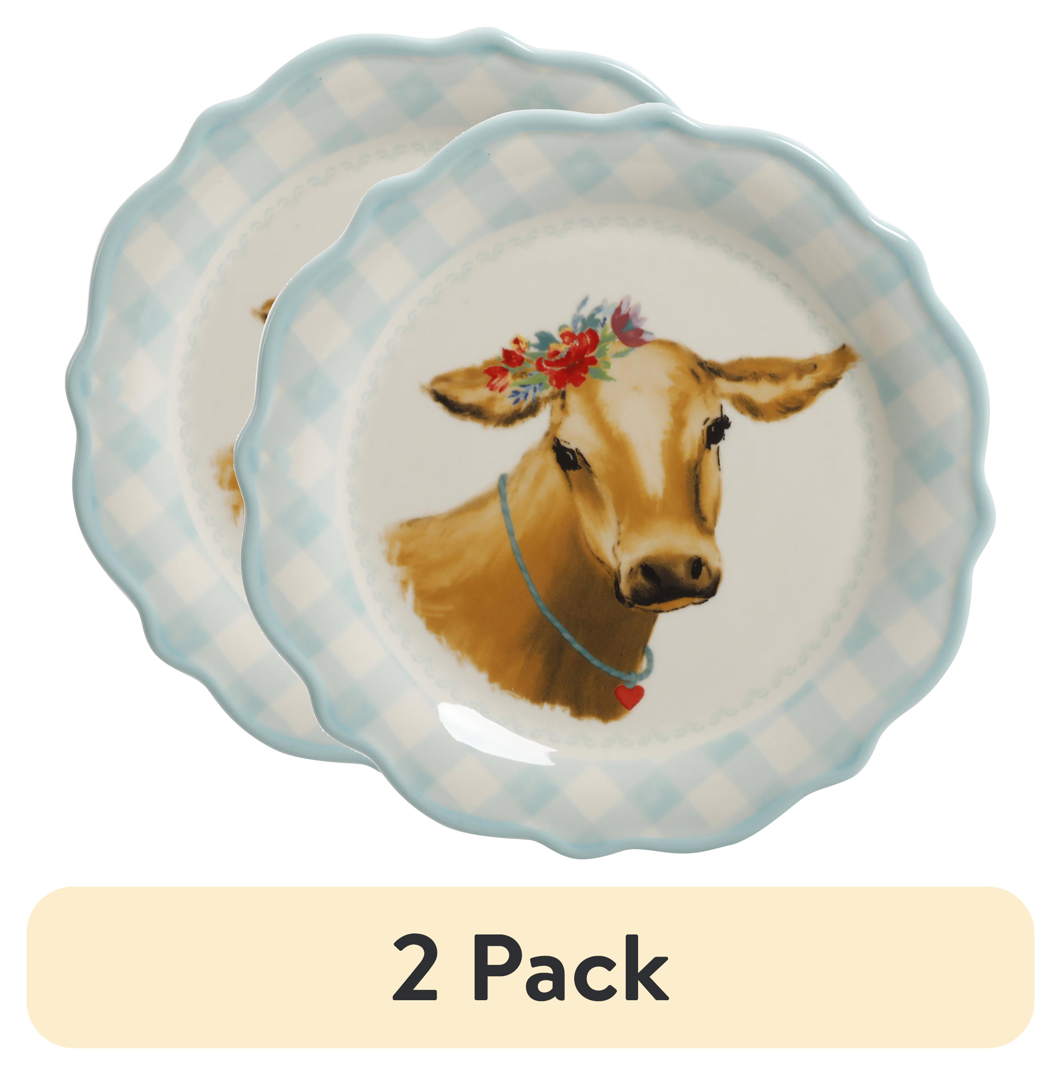 (2 pack) The Pioneer Woman Light Blue Gingham with Brown Cow Decal Appetizer Plate