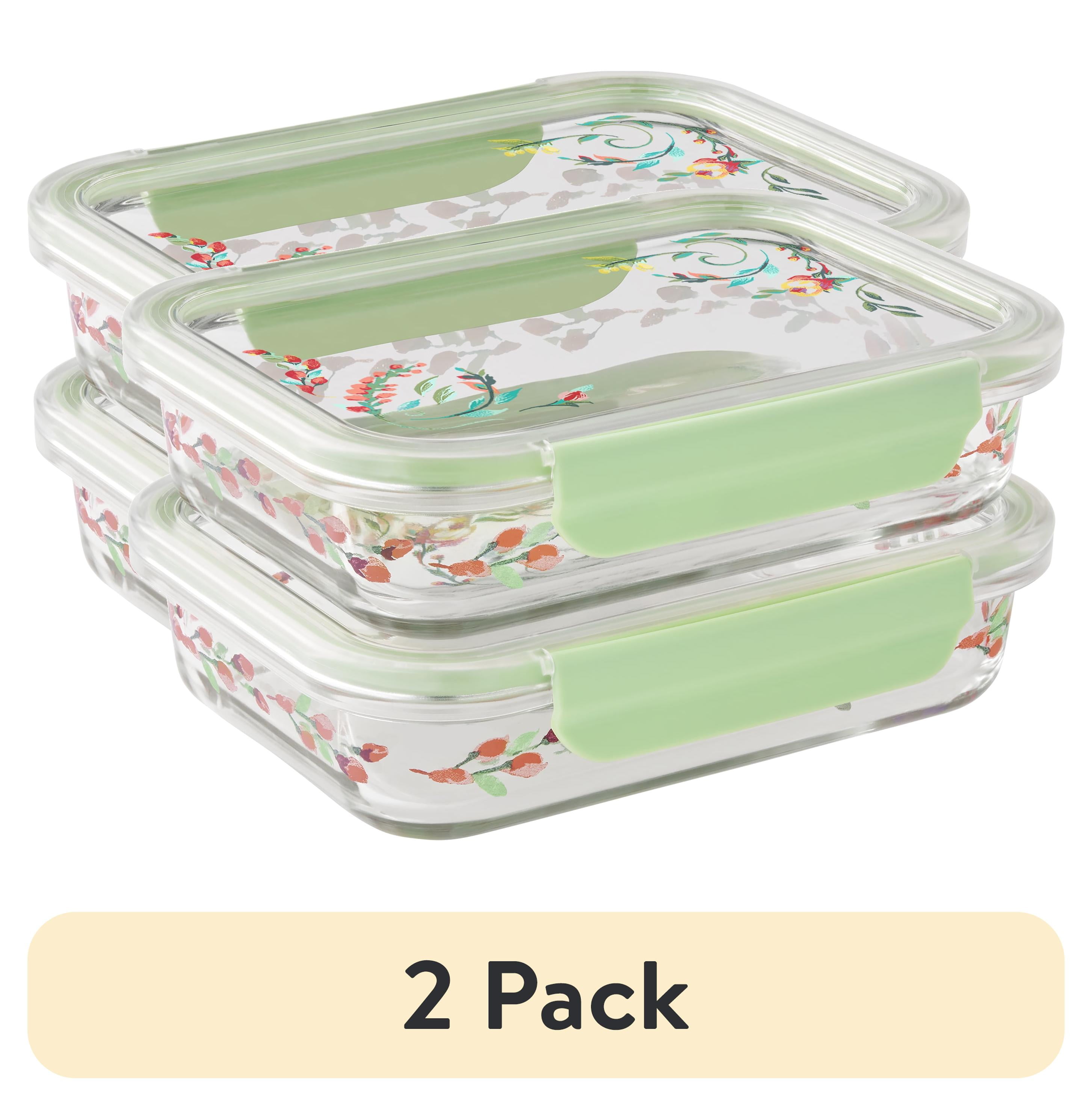 (2 pack) The Pioneer Woman Painted Meadow 2.3 Cup Rectangle Glass Food Storage Containers with Tritan Lid. Set of 2, 4 Pieces