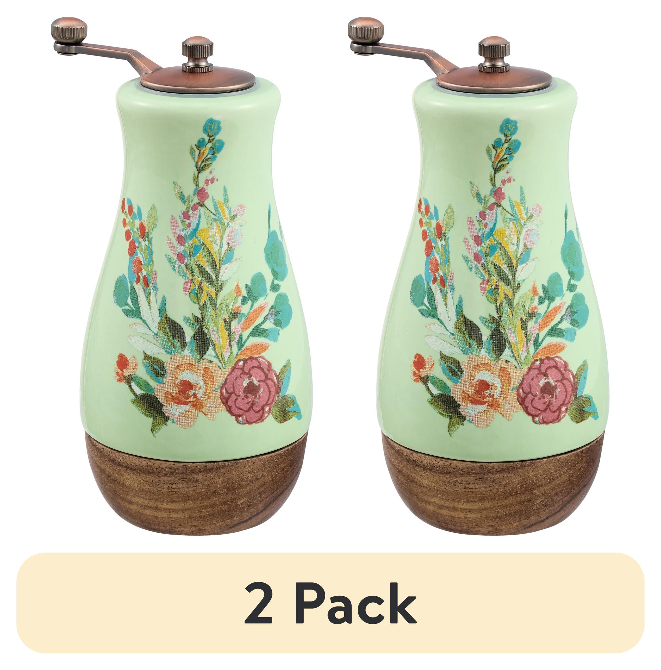(2 pack) The Pioneer Woman Ceramic Painted Meadow Pepper Mill with Metal Grinder and Acacia Wood Base, A Practical Choice for Seasoning Storage and Serving