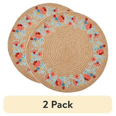 (2 pack) The Pioneer Woman Sweet Rose Embroidered Jute Round Placemat, Multicolor, 15"