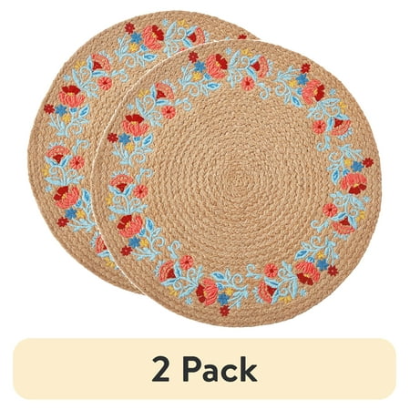 (2 pack) The Pioneer Woman Sweet Rose Embroidered Jute Round Placemat, Multicolor, 15"