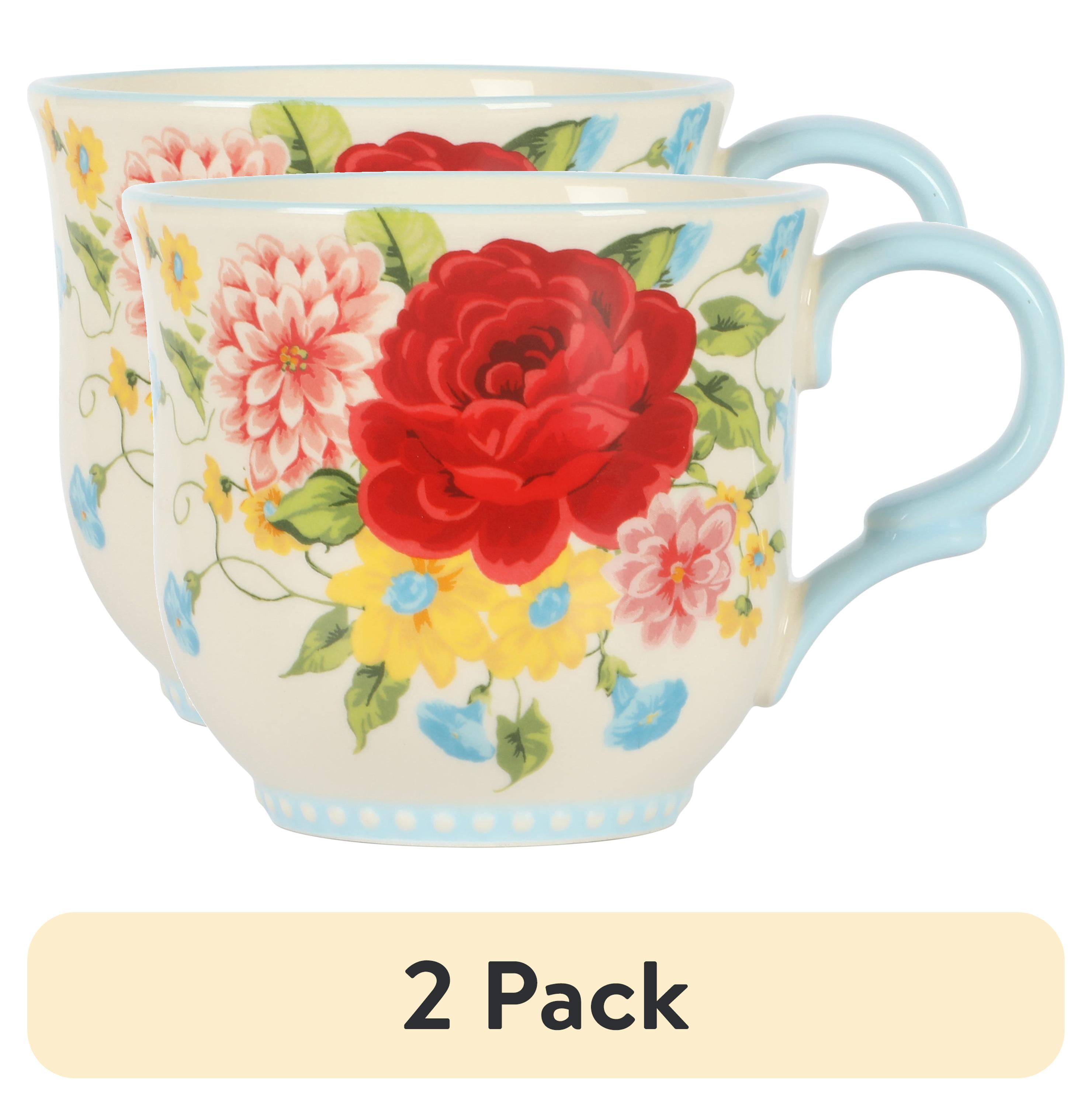 (2 pack) The Pioneer Woman Dinnerware 14.5 oz Nature & Floral Pink Sweet Rose Ceramic Mugs