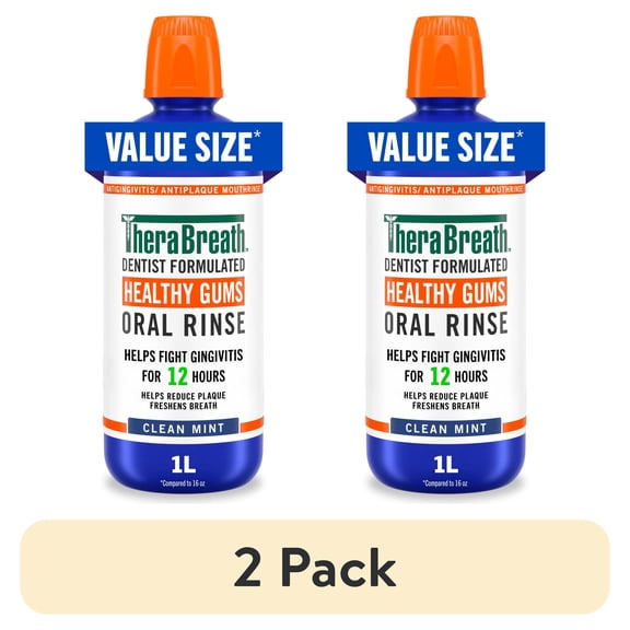 (2 pack) TheraBreath Healthy Gums Oral Rinse, Antigingivitis, Clean Mint Flavor, Dentist Formulated to Help Prevent Gingivitis and Support Gum Health, Alcohol Free, 1 Liter