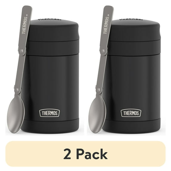 (2 pack) Thermos 16oz Insulated Food Jar with Folding Spoon, Matte Black, Ideal Use for Workday Meals and Travel, Made for Portable Food Storage