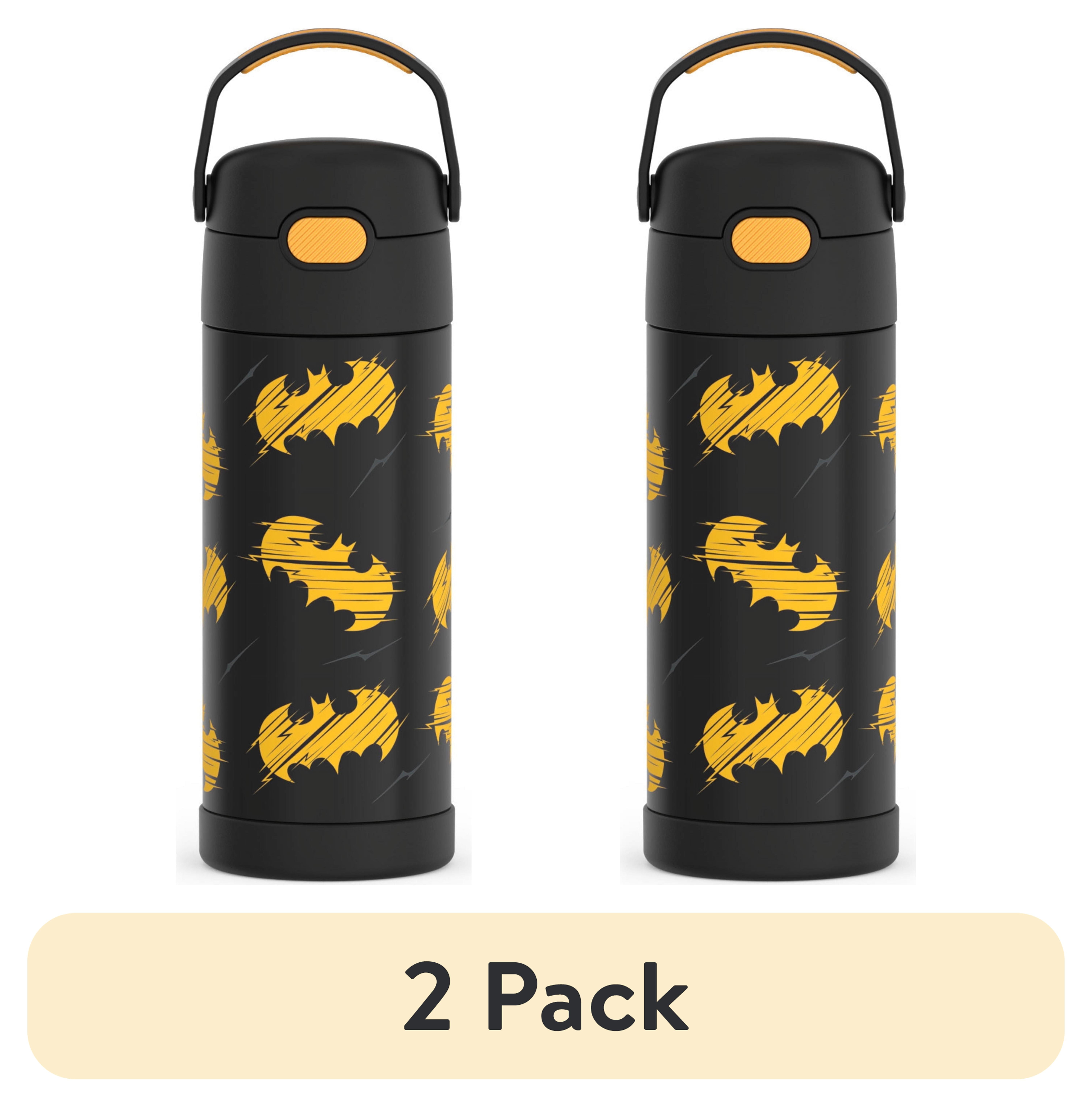 (2 pack) Thermos Kids Stainless Steel Funtainer Water Bottle with Straw, Leak-Proof, Dishwasher Safe, Batman, 14 oz