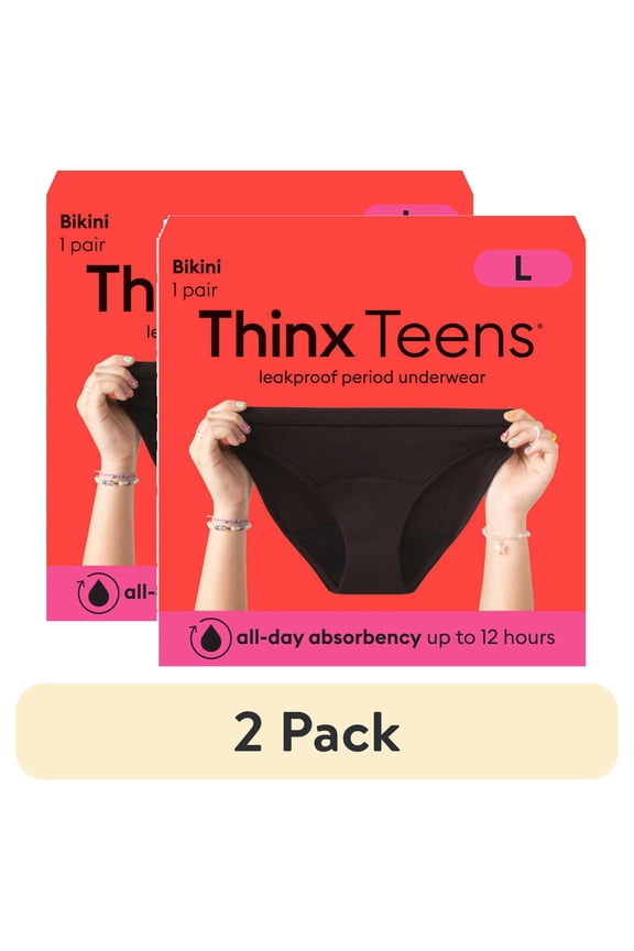 (2 pack) Thinx Teens Cotton Bikini Leakproof Period Underwear, S-XL, Black