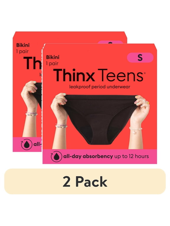 (2 pack) Thinx Teens Period Underwear for Teens, Black, S-XL
