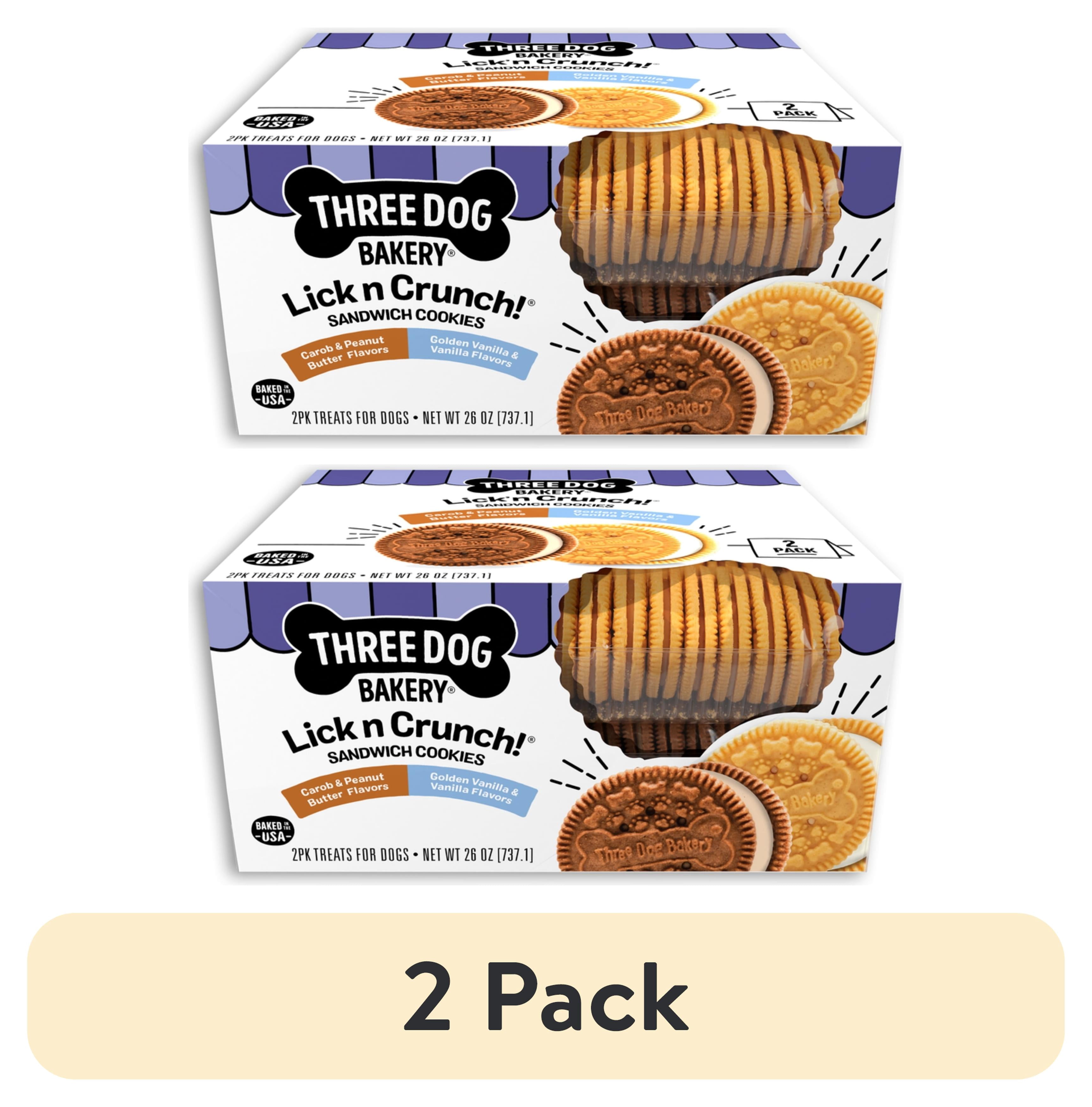 (2 pack) Three Dog Bakery Lick'n Crunch Sandwich Cookies, Carob and Peanut Butter and Golden and Vanilla Flavor, Crunchy Dog Treats, 26 oz.