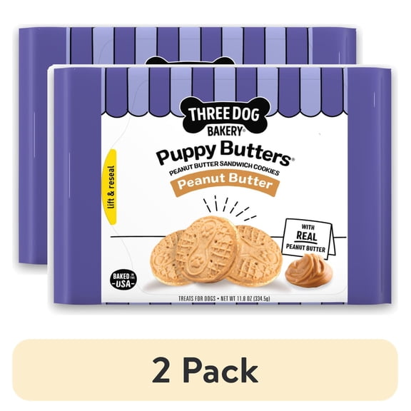 (2 pack) Three Dog Bakery Puppy Butters, Crunchy Peanut Butter Dog Sandwich Cookies, 11.8 oz