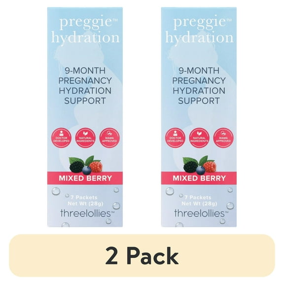 (2 pack) Three Lollies Preggie Hydration Packets - Natural Hydration & Digestive Health Support for Women During Pregnancy - Eases Nausea & Replaces Nutrients - Essentials for Morning Sickness - 7 Packets