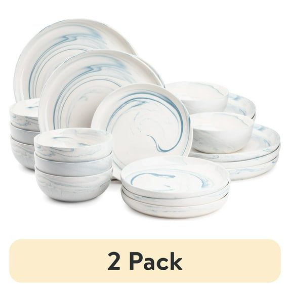 (2 pack) Thyme & Table Blue Marble 12-Piece Ceramic Dinnerware Set