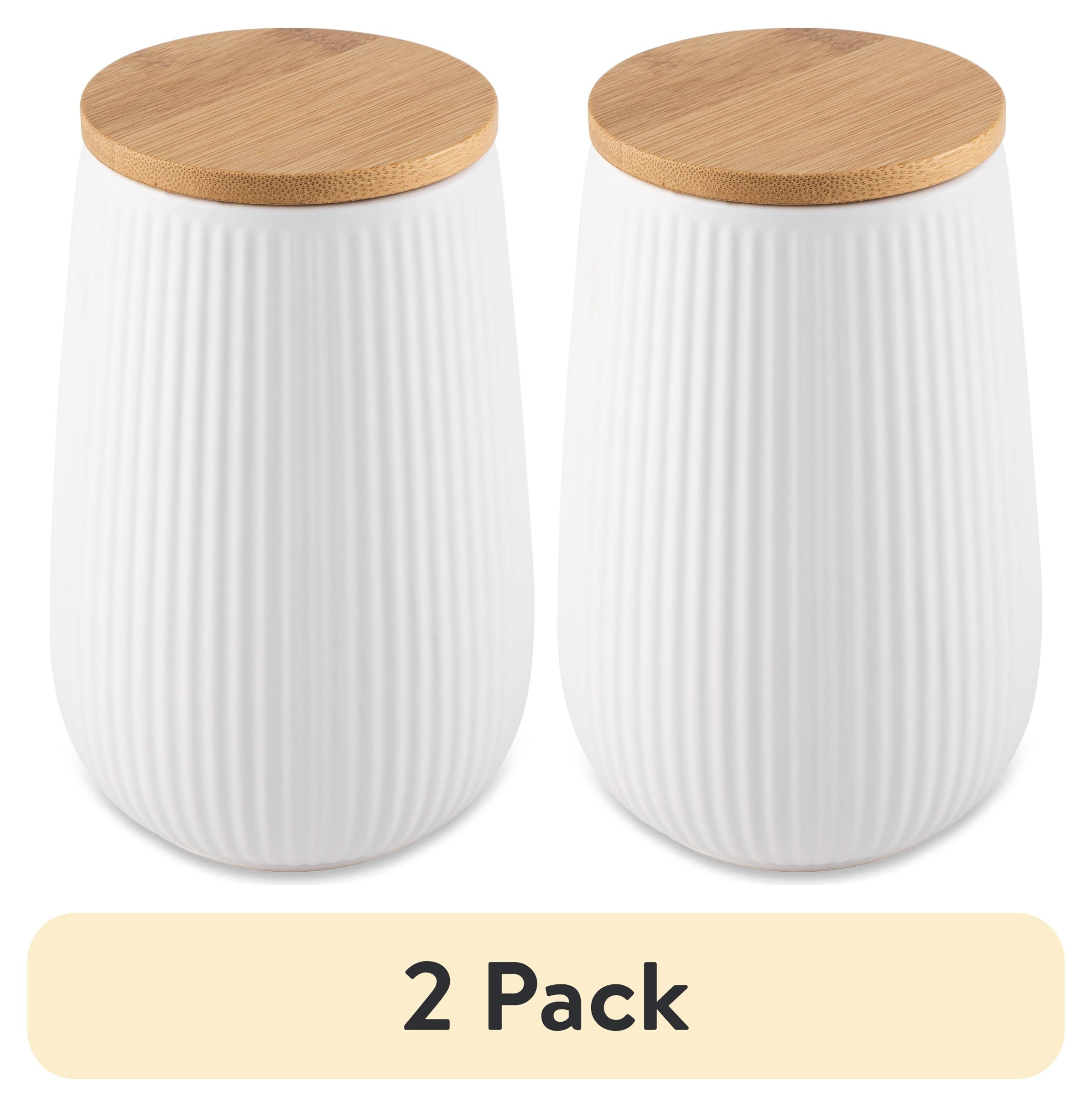 (2 pack) Thyme & Table Large (1.2 L) Ceramic Ribbed Kitchen Organization Canister with Bamboo Lid, White