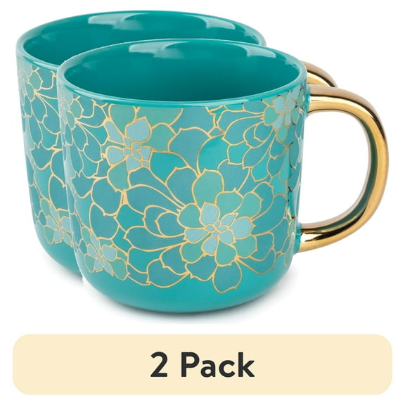 (2 pack) Thyme & Table 16 fl oz Teal Succulent Ceramic Coffee Mug