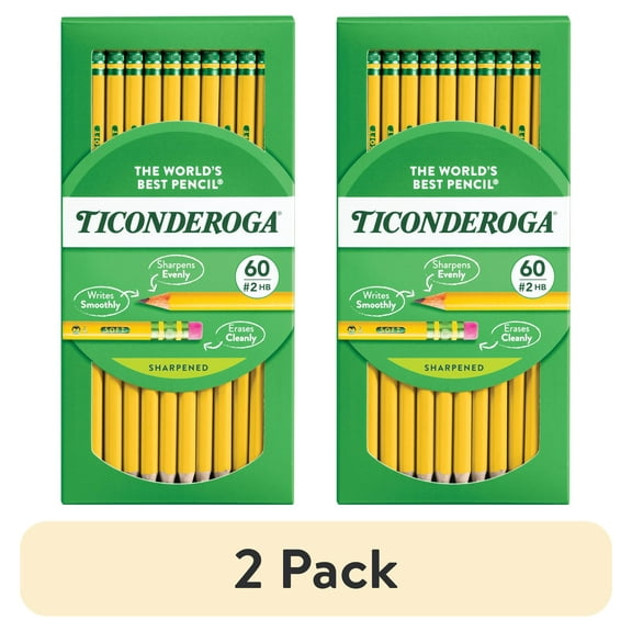 (2 pack) Ticonderoga Sharpened Wooden Pencils, 2 HB, .03mm, Yellow, 60 Count