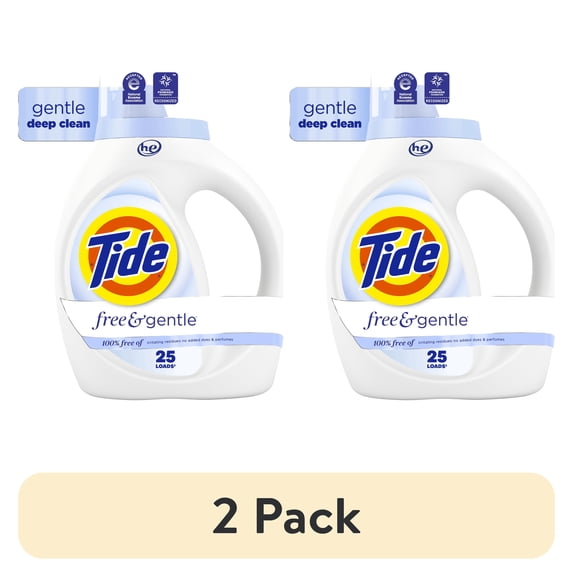 (2 pack) Tide Free & Gentle Laundry Detergent Liquid for Sensitive Skin, Hypoallergenic, Unscented, 34 fl oz, 25 Loads