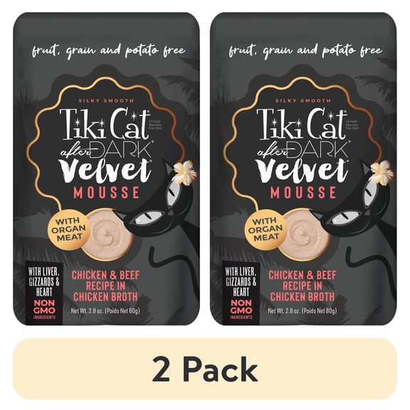 (2 pack) Tiki Cat After Dark Velvet Mousse Wet Cat Food, Chicken & Beef, 2.8 oz. Pouch
