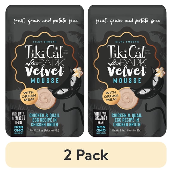 (2 pack) Tiki Cat After Dark Velvet Mousse Wet Cat Food, Chicken & Quail Egg, 2.8 oz. Pouch