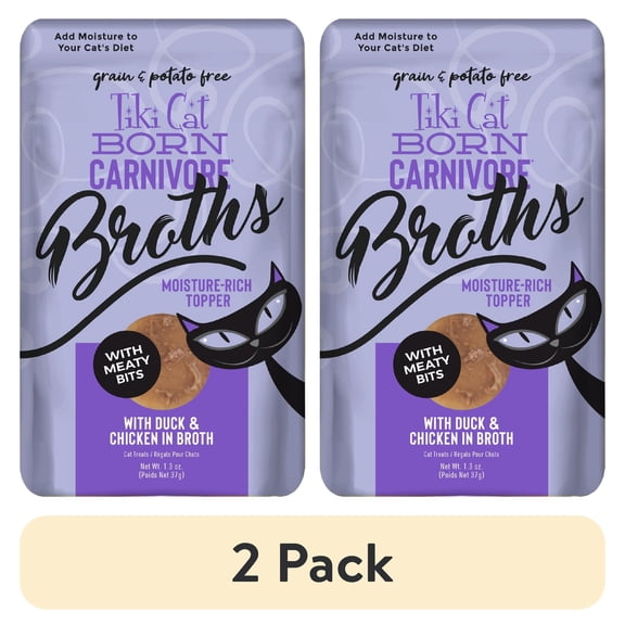 (2 pack) Tiki Cat Born Carnivore Broths Wet Cat Food Topper, Duck & Chicken, 1.3 oz. Pouch