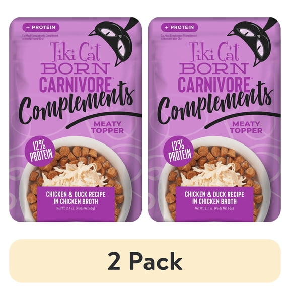 (2 pack) Tiki Cat Born Carnivore Complements Wet Cat Food Topper, Chicken & Duck 2.1 oz. Pouch