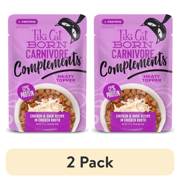 (2 pack) Tiki Cat Born Carnivore Complements Wet Cat Food Topper, Chicken & Duck 2.1 oz. Pouch