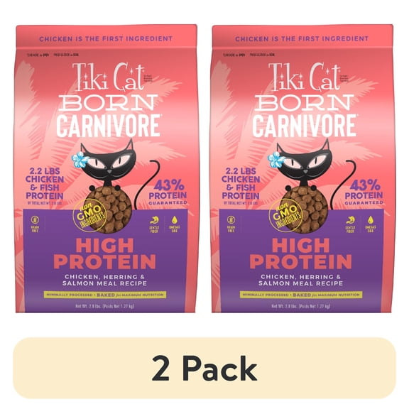 (2 pack) Tiki Cat Born Carnivore High Protein Dry Cat Food, Chicken, Herring & Salmon Meal, 2.8 lbs. Bag