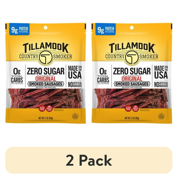 (2 pack) Tillamook Country Smoker 3oz Zero Sugar Original Flavor Smoked Sausages in a Bag