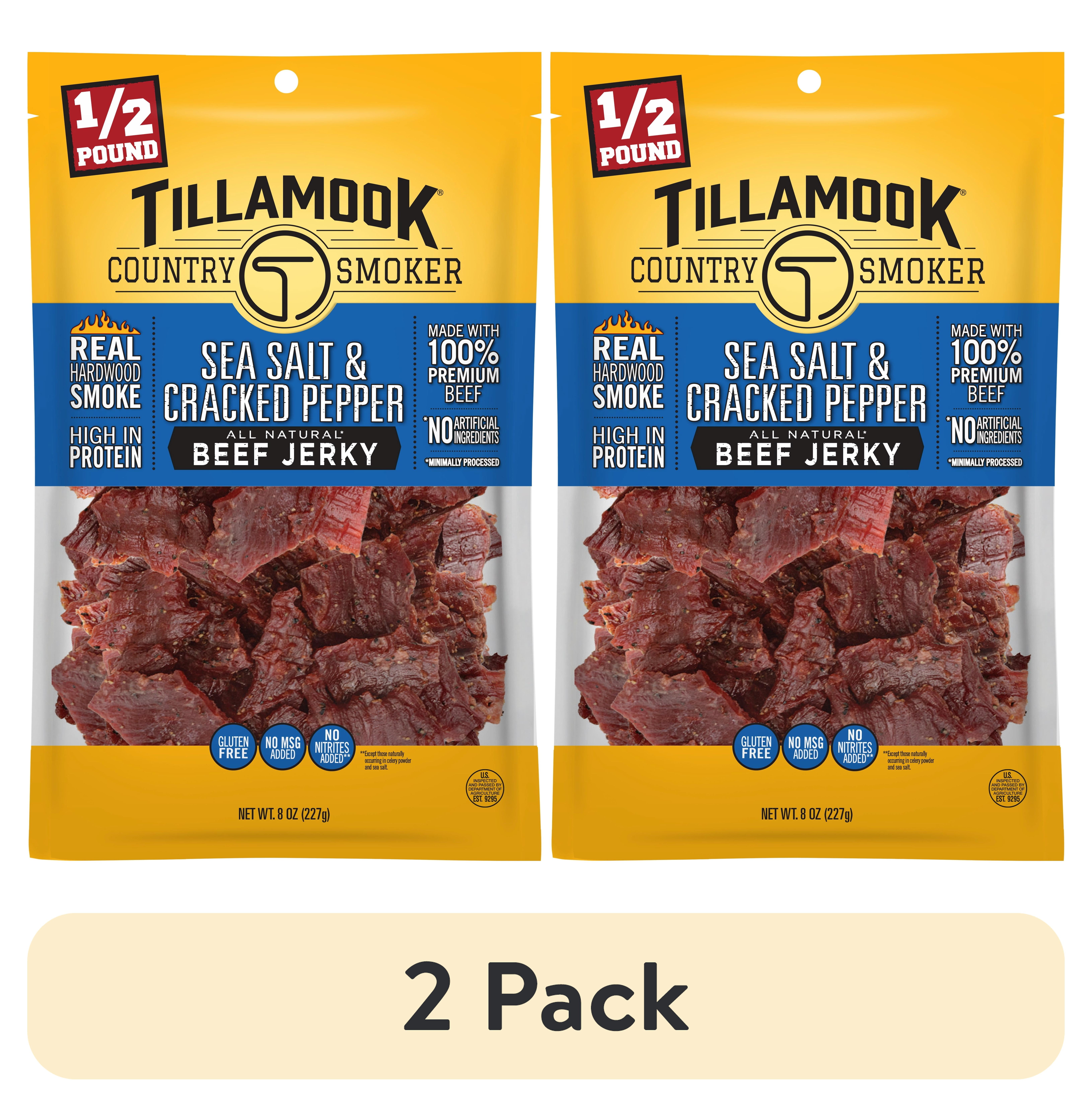 (2 pack) Tillamook Country Smoker, Sea Salt & Pepper Beef Jerky, 8 oz Bag