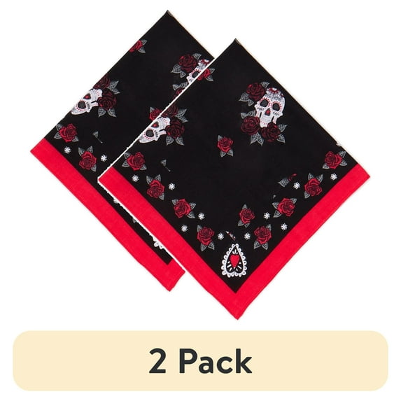 (2 pack) Time and Tru Women's Rose and Skulls Bandana, Red Rover Black Soot