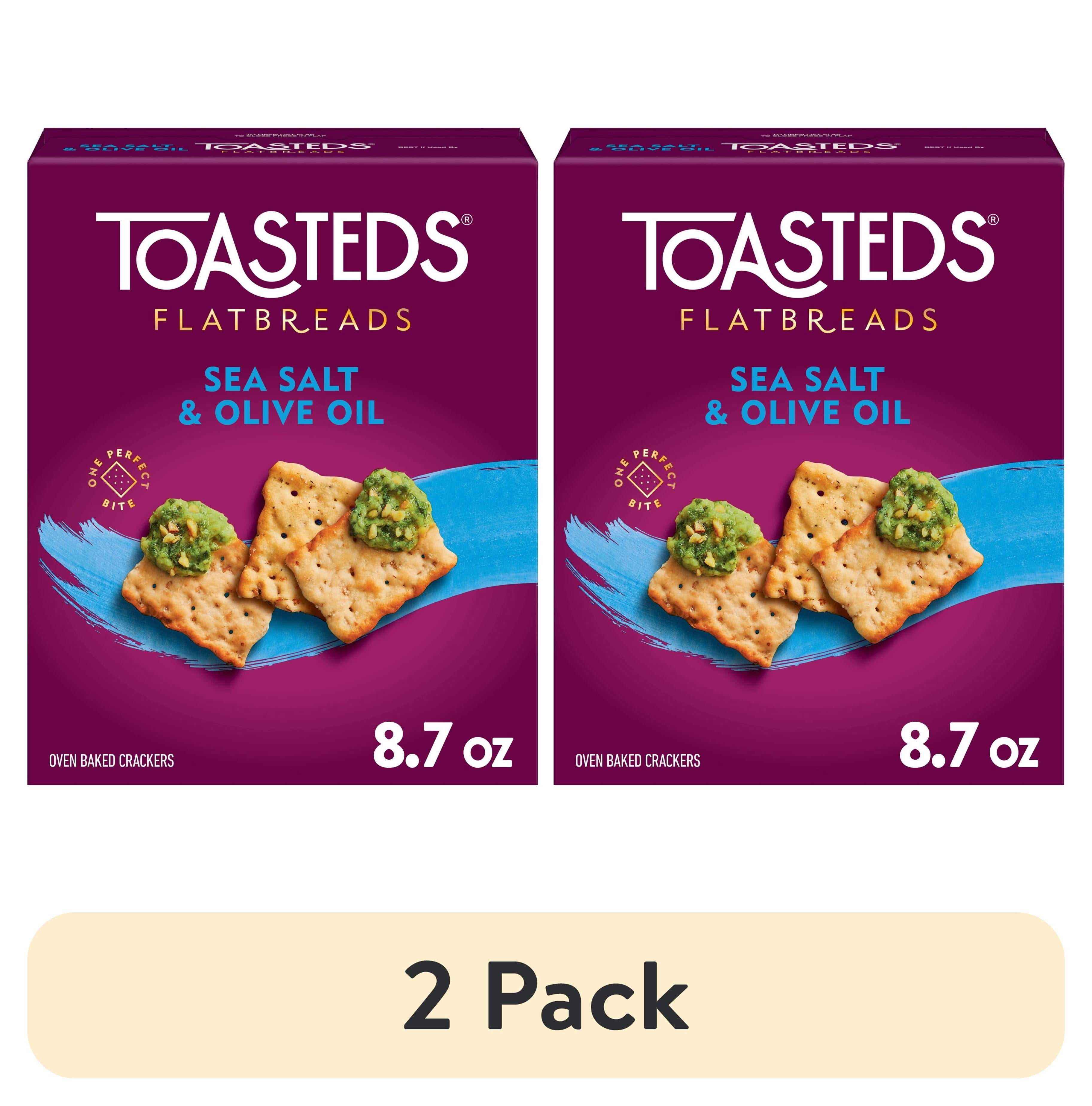 (2 pack) Toasteds Flatbreads Sea Salt and Olive Oil Crackers, Party Snacks, 8.7 oz