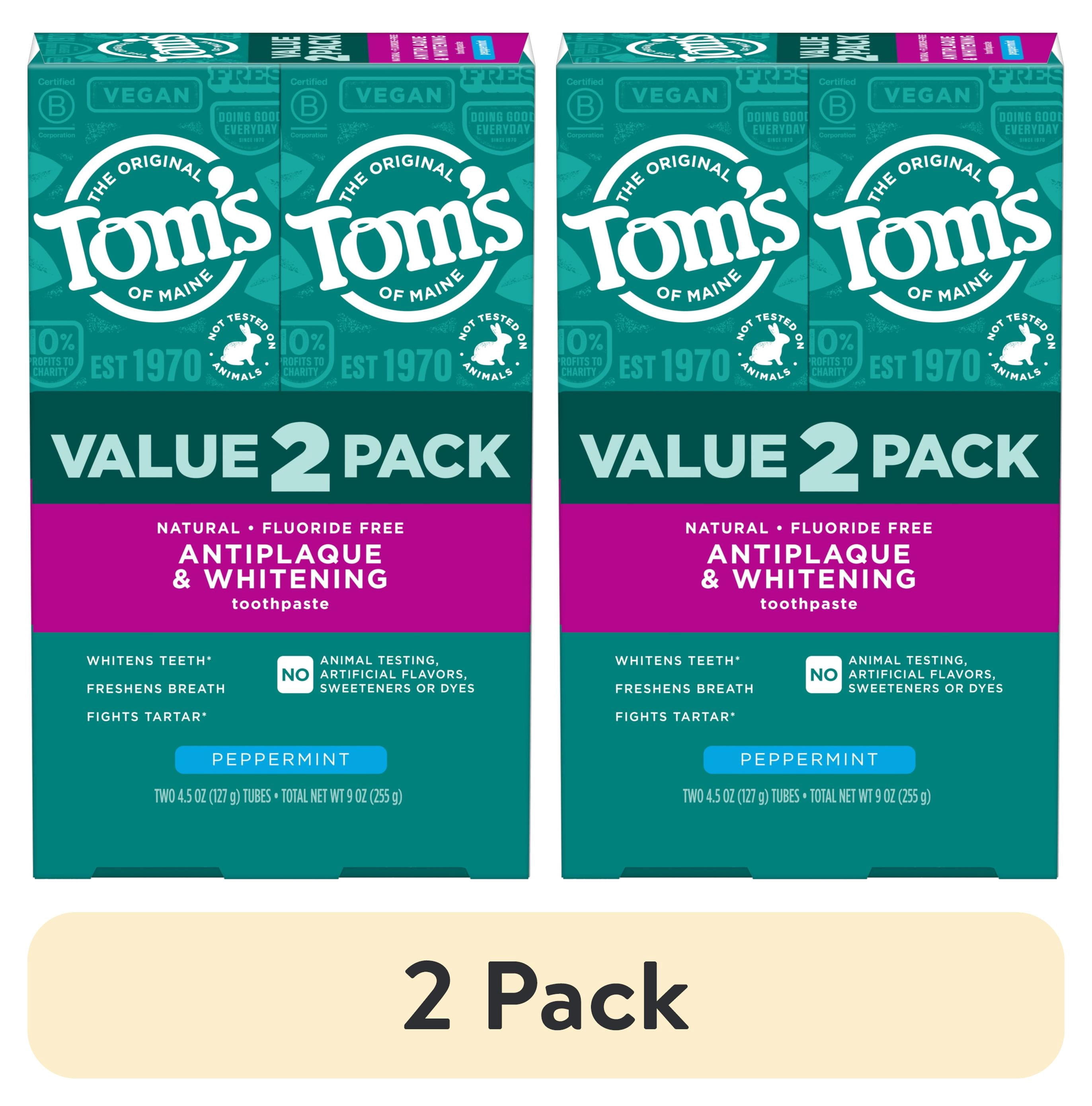 (2 pack) Tom’s of Maine Antiplaque and Whitening Fluoride Free Toothpaste, Peppermint, 2 Pack, 4.5 Oz