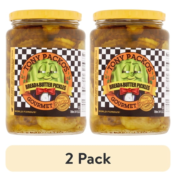 (2 pack) Tony Packo's Gourmet Bread & Butter Pickles, 24 fl oz, Glass Jar, Serving Size 1 oz 6 Pieces