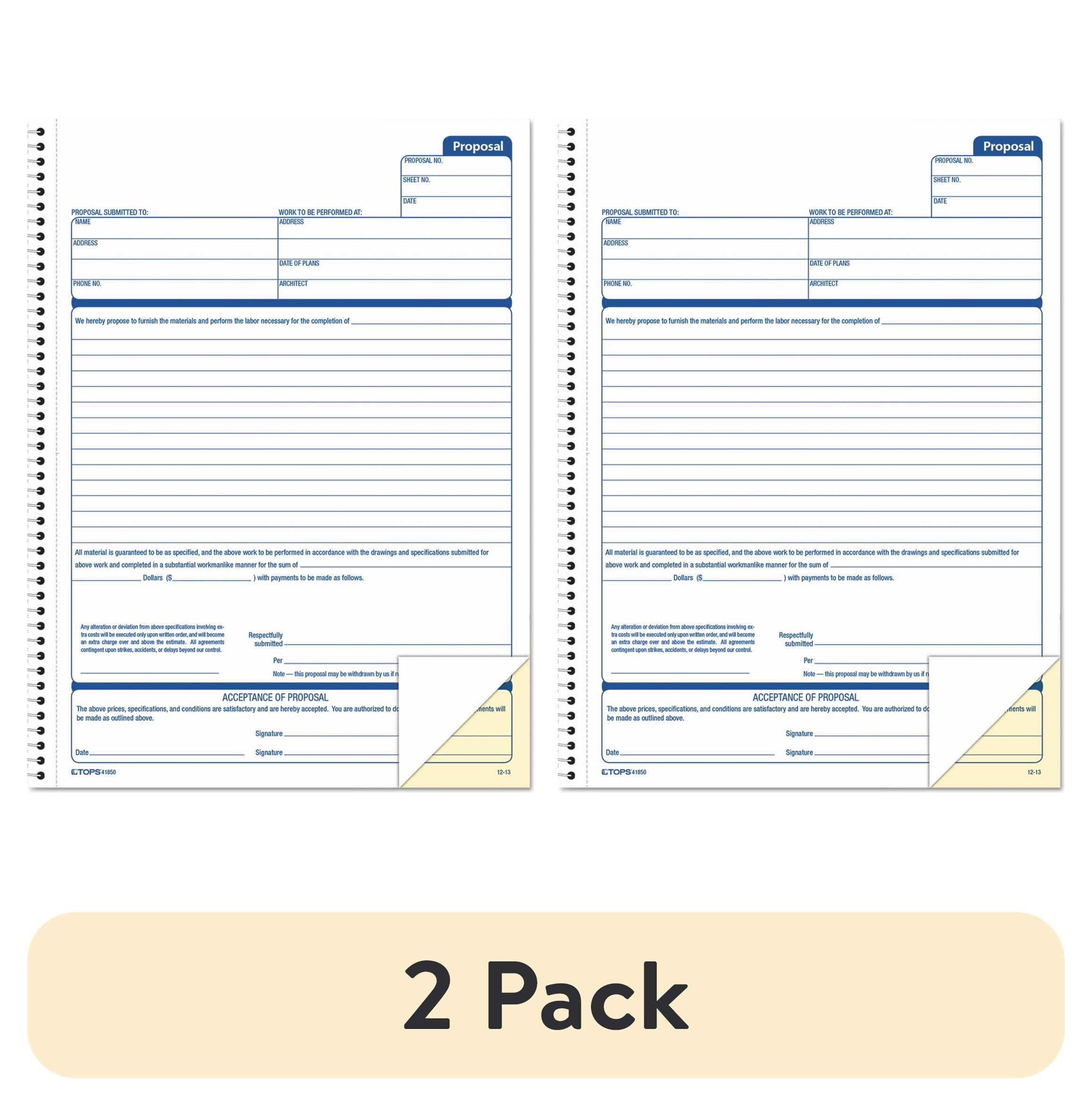 (2 pack) Tops Business Forms Spiralbound Proposal Form Book, 8 1/2 X 11 ...