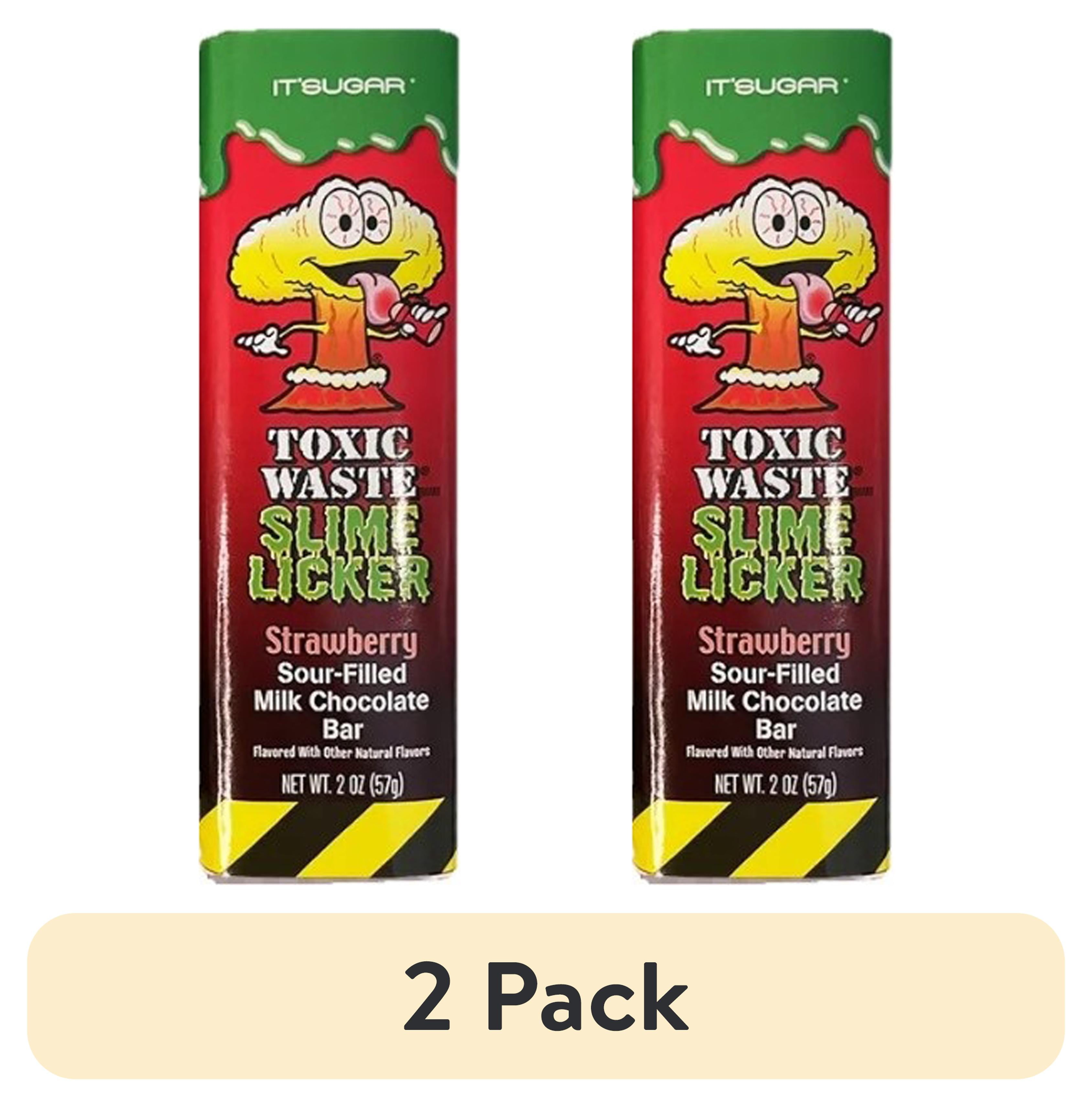(2 pack) Toxic Waste Slime Licker Strawberry Chocolate Bar, Sour Candy, 1.75 oz., Contains: Milk & Soy. May Contain Wheat, Peanuts, & Tree Nuts.