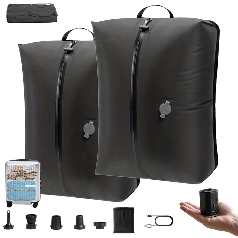 2 pack Travel Vacuum Bags with Pump, 17.32x11.42x5.51", IP67 Reusable Space Saver Compression Packing Storage Organizer Cube for Luggage CarryOn Suitcases (BLACK)